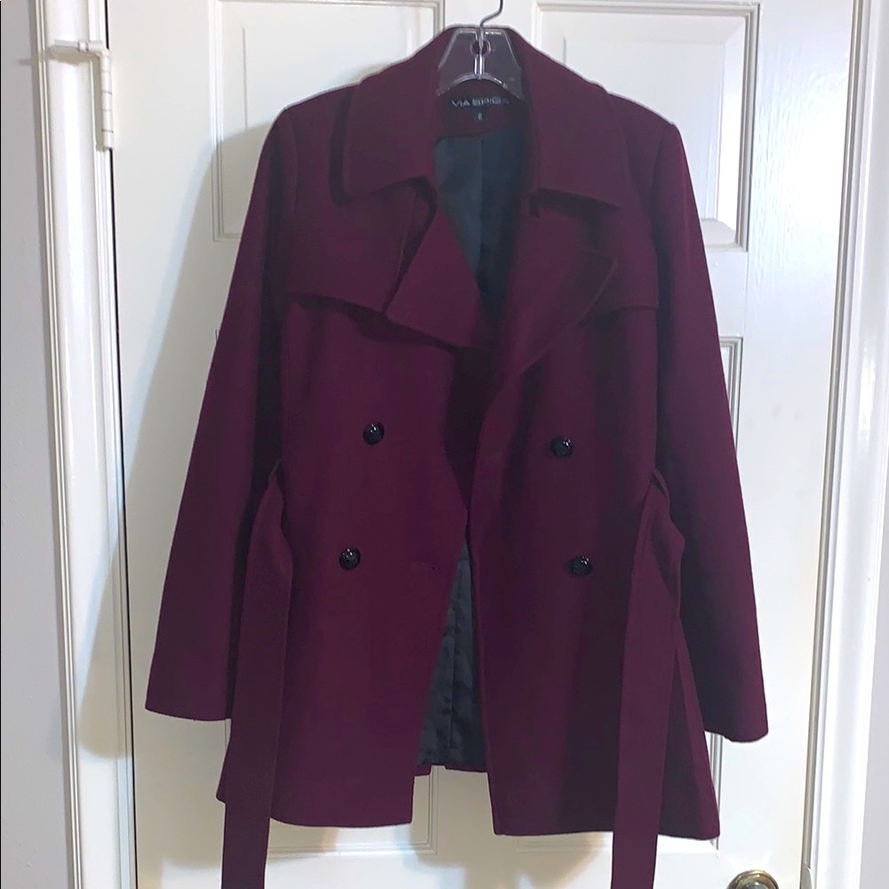 Via Spiga Burgundy Double-Breasted Wool Blend Trench Coat